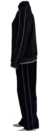 mens black velour tracksuit with custom embroidery. The Pescado Lounge Sweatsedo is a black tracksuit with custom embroidery on the front and back of the jacket. Order yours today from Sweatsedo. Mens jogging outfit