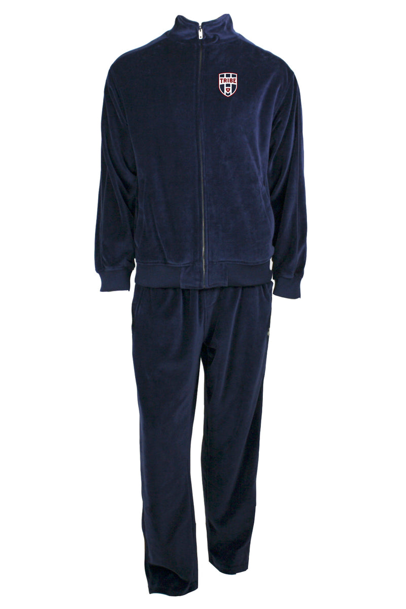 tribe volleyball velour tracksuit for men, navy blue with custom embroidery on the left chest.  The dads of the tribe wear these to tournaments