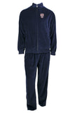 tribe volleyball velour tracksuit for men, navy blue with custom embroidery on the left chest.  The dads of the tribe wear these to tournaments