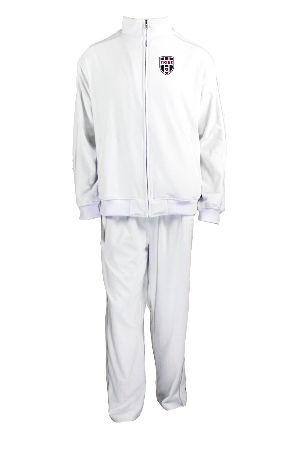 The Tribe dads have gone next level.  tribe volleyball velour tracksuit for men, white with custom embroidery on the left chest. The dads of the tribe wear these to tournaments