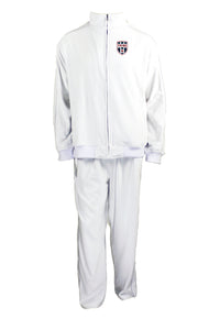 The Tribe dads have gone next level.  tribe volleyball velour tracksuit for men, white with custom embroidery on the left chest. The dads of the tribe wear these to tournaments