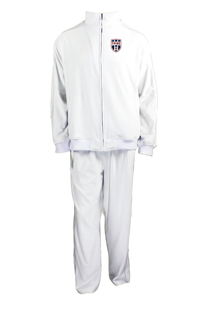 The Tribe dads have gone next level.  tribe volleyball velour tracksuit for men, white with custom embroidery on the left chest. The dads of the tribe wear these to tournaments