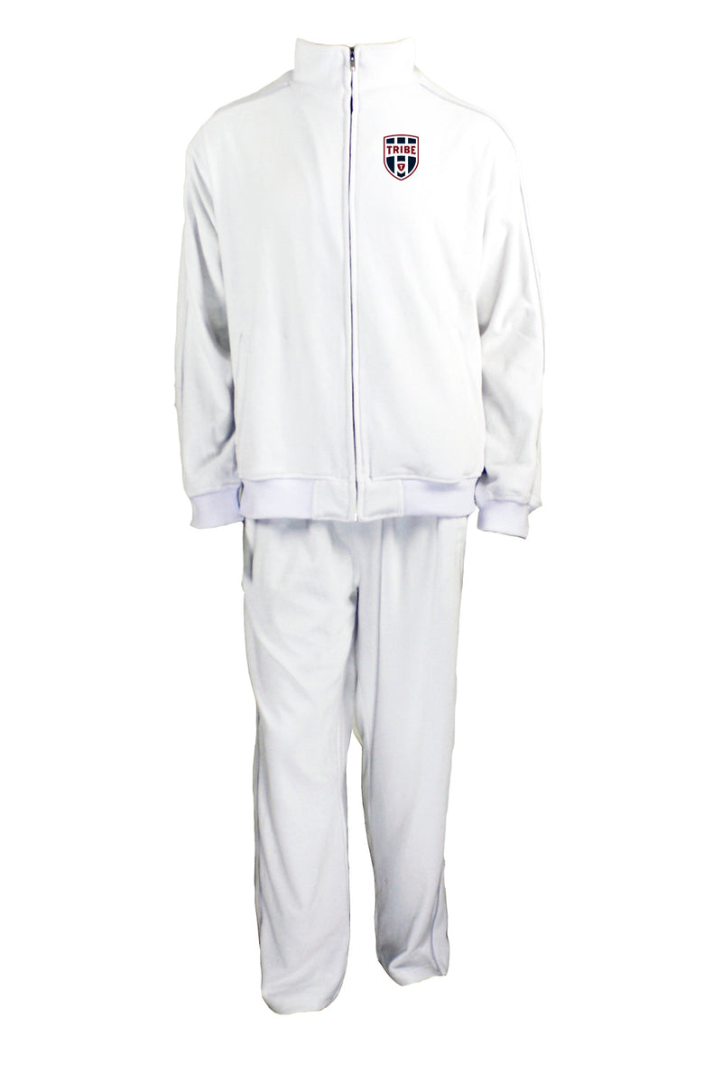 The Tribe dads have gone next level.  tribe volleyball velour tracksuit for men, white with custom embroidery on the left chest. The dads of the tribe wear these to tournaments