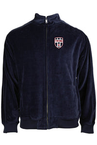 tribe volleyball velour tracksuit for men, navy blue with custom embroidery on the left chest. The dads of the tribe wear these to tournaments