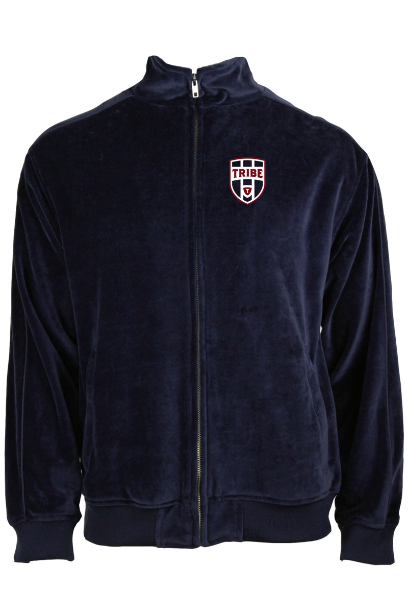 tribe volleyball velour tracksuit for men, navy blue with custom embroidery on the left chest. The dads of the tribe wear these to tournaments