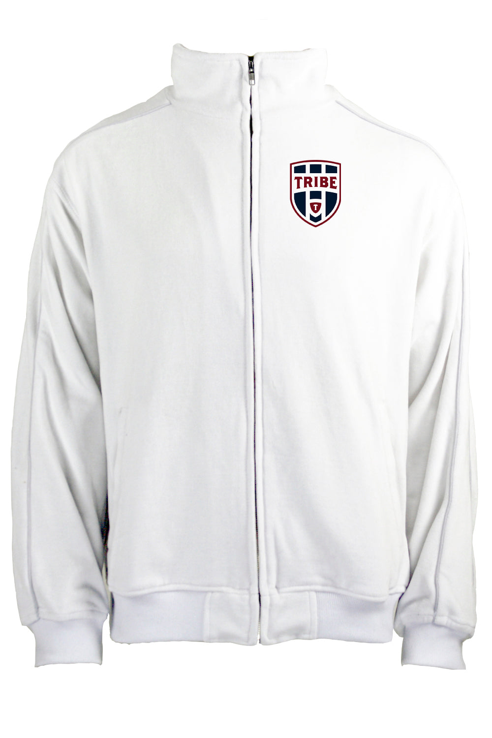The Tribe dads have gone next level. tribe volleyball velour tracksuit for men, white with custom embroidery on the left chest. The dads of the tribe wear these to tournaments