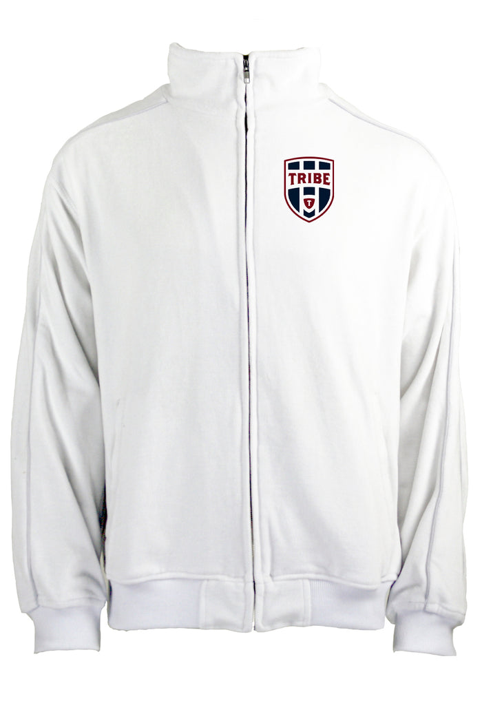The Tribe dads have gone next level. tribe volleyball velour tracksuit for men, white with custom embroidery on the left chest. The dads of the tribe wear these to tournaments
