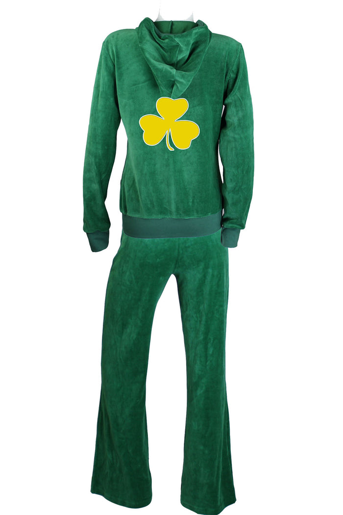 womens green velour zip hoodie, st. patricks day, custom embroidery, lounge pant. velour, hoodie