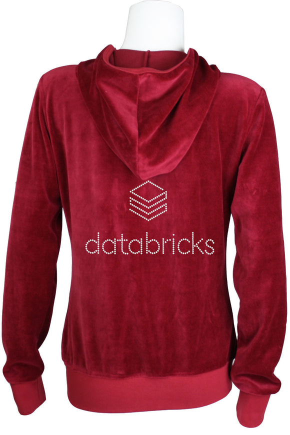 womens velour zip hoodie with custom rhinestones and embroidery.  databricks company tradeshow