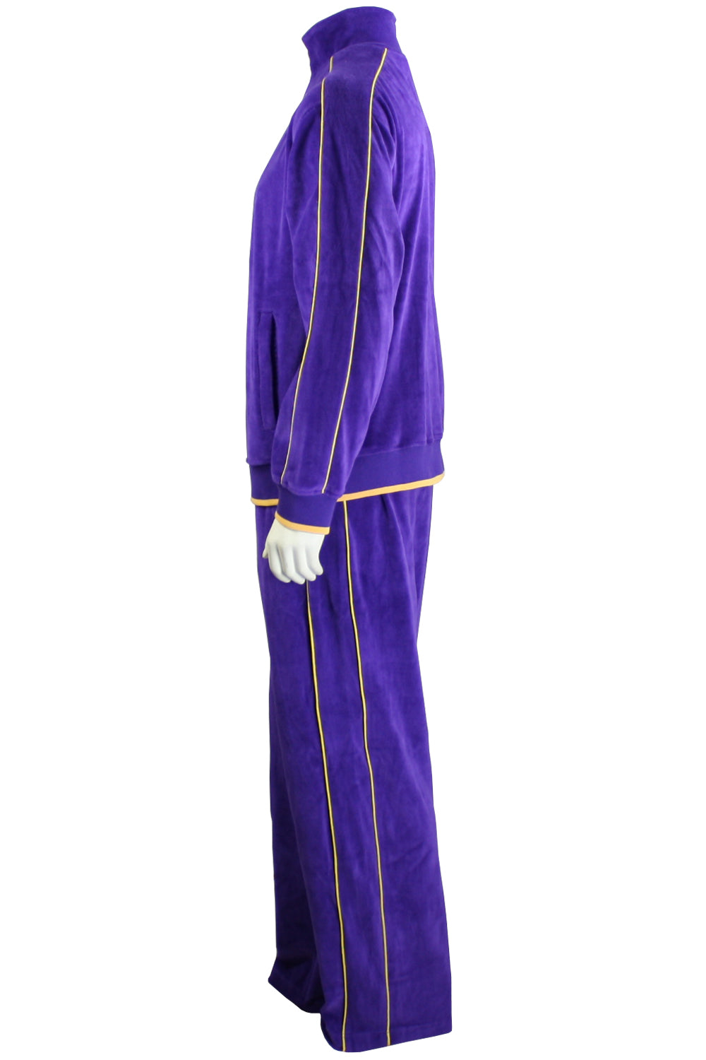 Mens Purple Velour Tracksuit with Yellow Piping